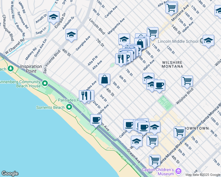 map of restaurants, bars, coffee shops, grocery stores, and more near in Santa Monica