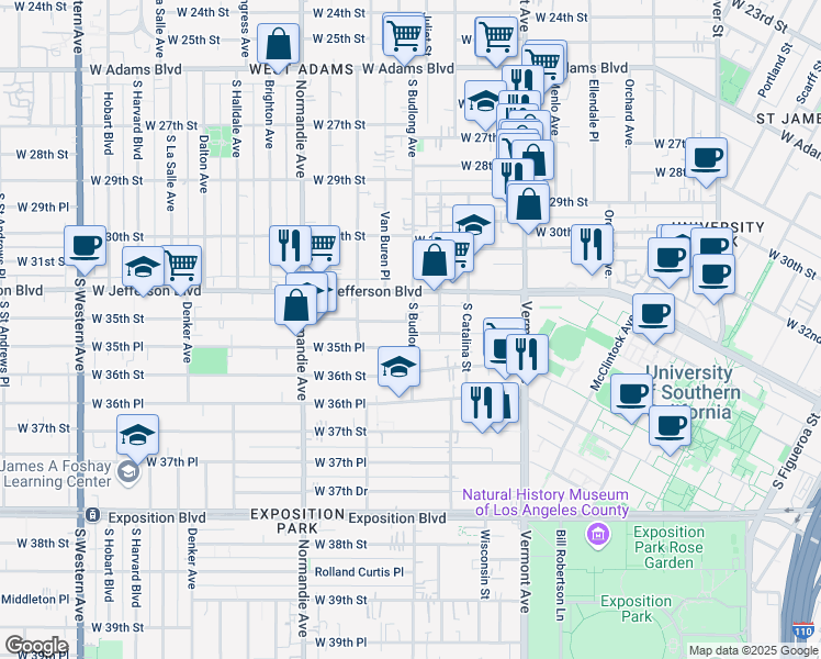 map of restaurants, bars, coffee shops, grocery stores, and more near 1252 West 35th Street in Los Angeles