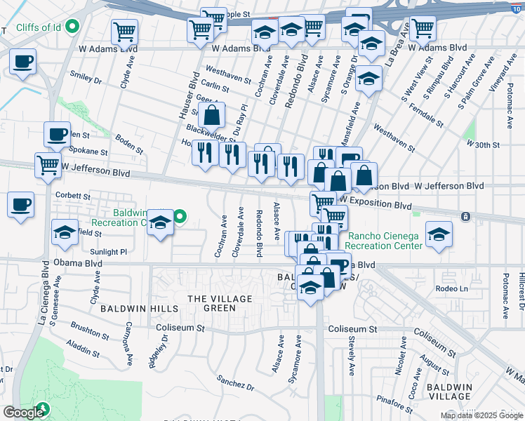 map of restaurants, bars, coffee shops, grocery stores, and more near 3430 South Redondo Boulevard in Los Angeles