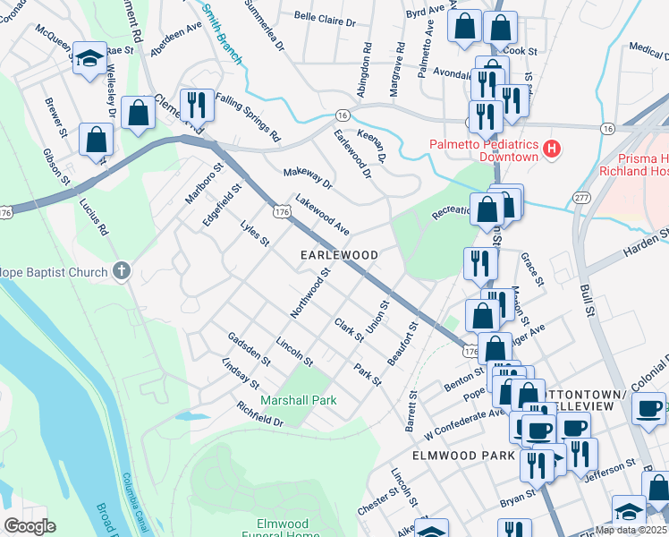 map of restaurants, bars, coffee shops, grocery stores, and more near 3023 River Drive in Columbia