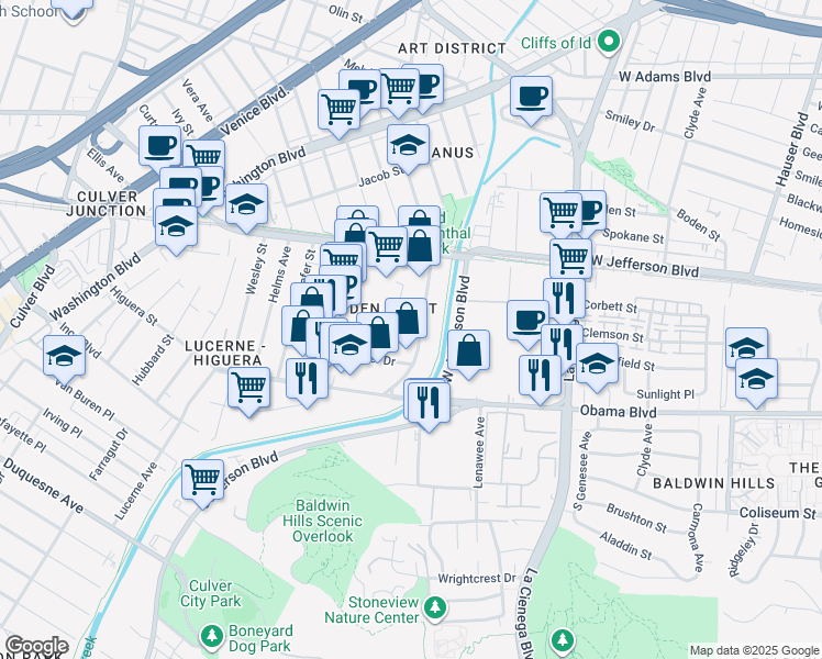 map of restaurants, bars, coffee shops, grocery stores, and more near 8432 Steller Drive in Culver City