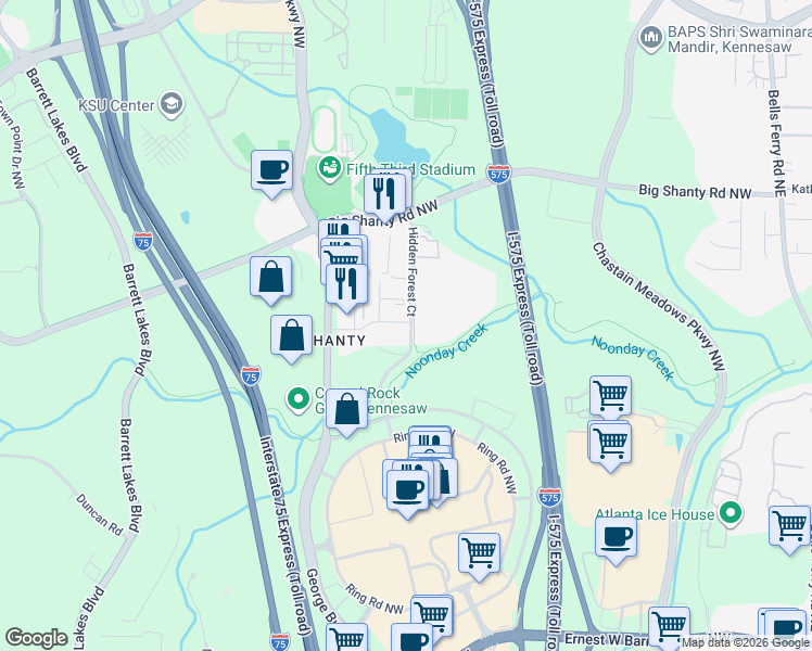 map of restaurants, bars, coffee shops, grocery stores, and more near 3011 Hidden Forest Court in Marietta