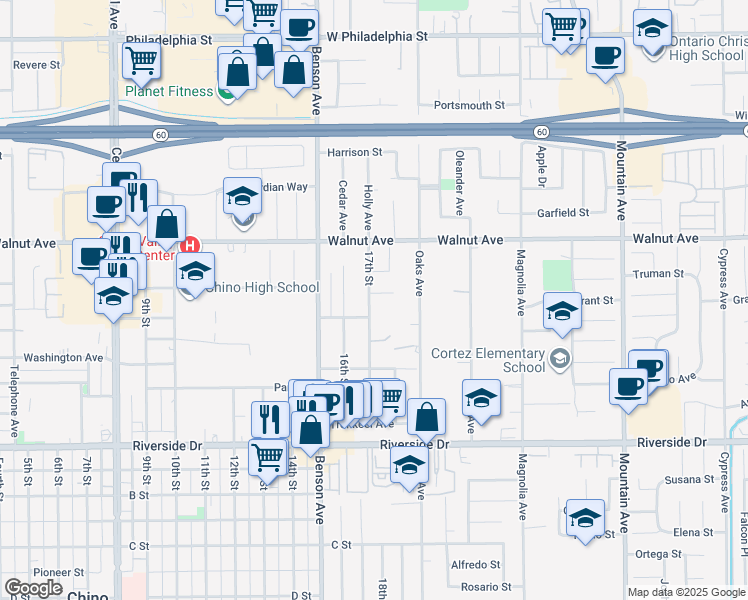 map of restaurants, bars, coffee shops, grocery stores, and more near 5801 Jefferson Court in Chino