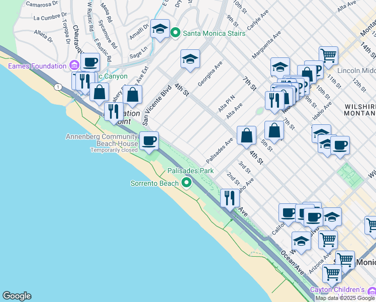 map of restaurants, bars, coffee shops, grocery stores, and more near 535 Ocean Avenue in Santa Monica