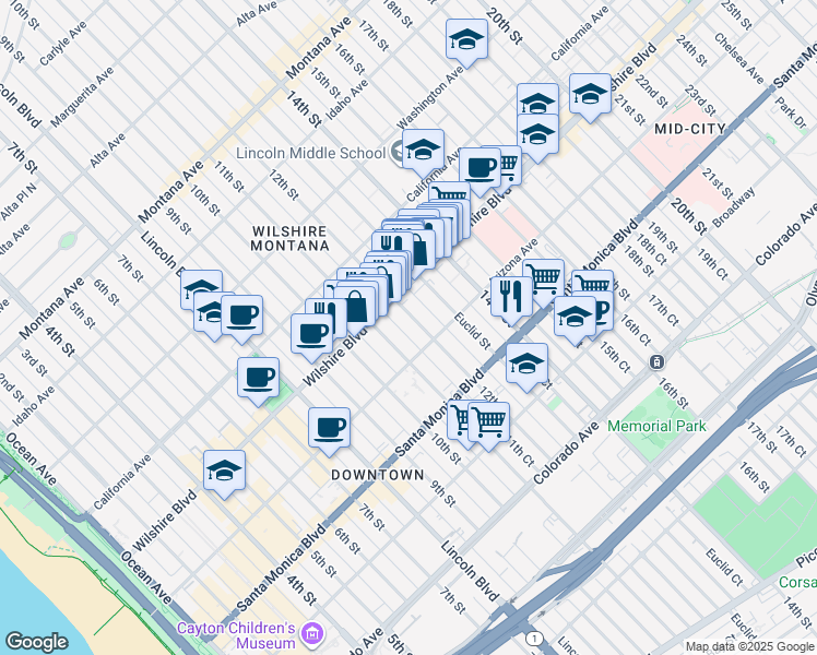 map of restaurants, bars, coffee shops, grocery stores, and more near 1234 12th Street in Santa Monica