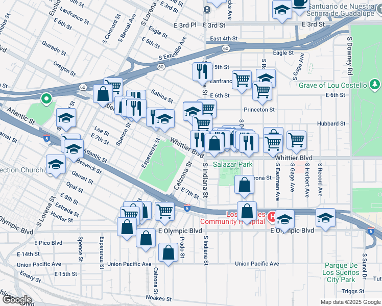 map of restaurants, bars, coffee shops, grocery stores, and more near 3666 Whittier Boulevard in Los Angeles