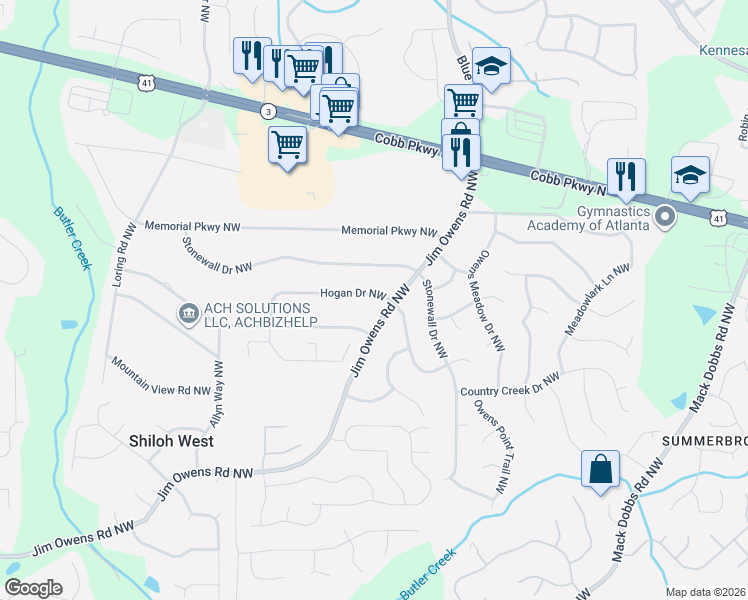 map of restaurants, bars, coffee shops, grocery stores, and more near 3553 Hogan Drive Northwest in Kennesaw