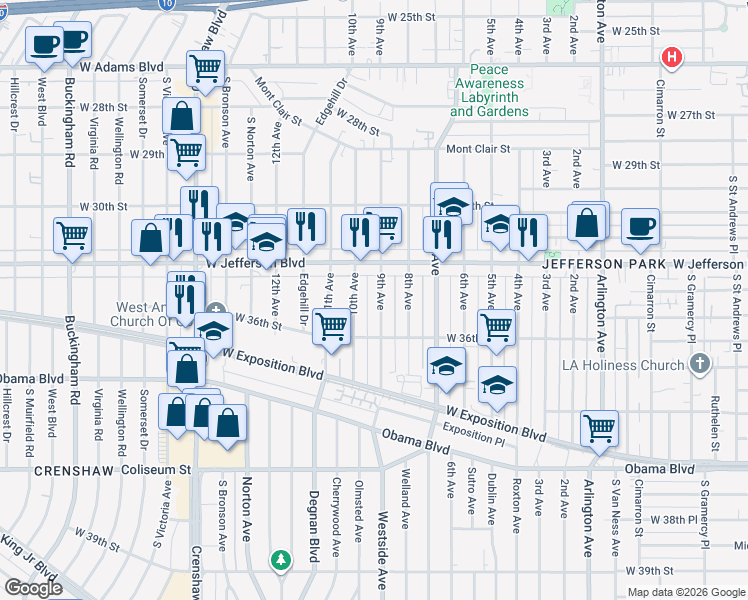 map of restaurants, bars, coffee shops, grocery stores, and more near 2 South 9th Avenue in Los Angeles