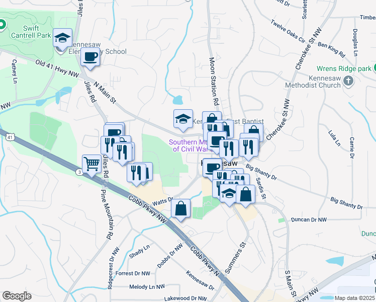 map of restaurants, bars, coffee shops, grocery stores, and more near 2891 Lewis Street in Kennesaw