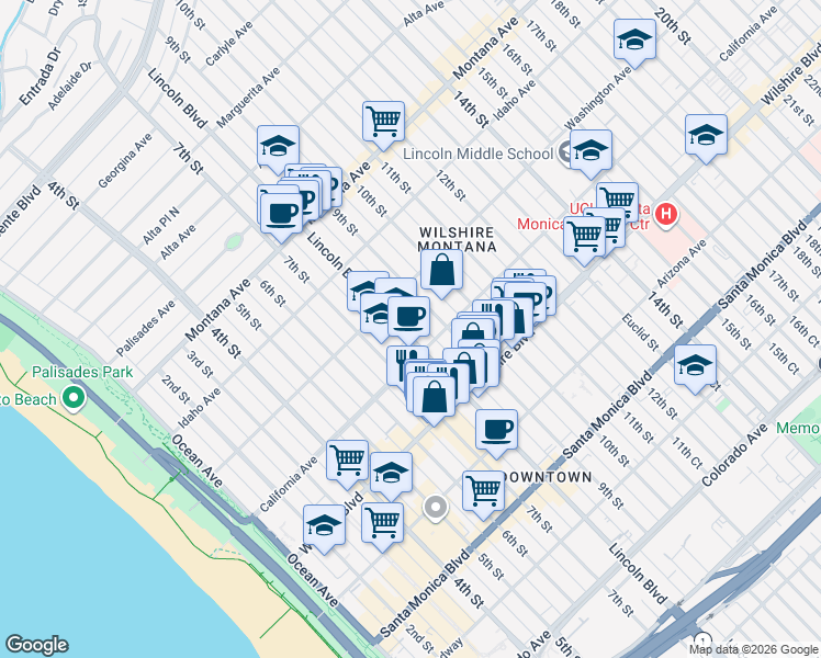 map of restaurants, bars, coffee shops, grocery stores, and more near 1027 Lincoln Boulevard in Santa Monica