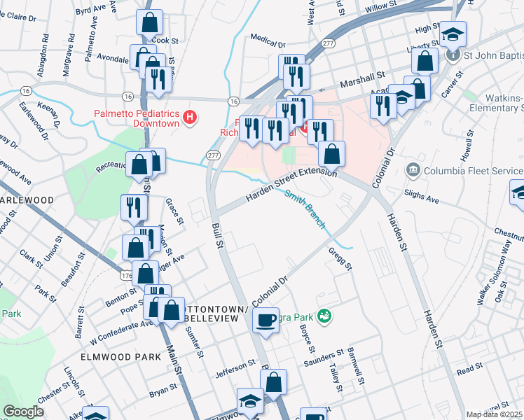 map of restaurants, bars, coffee shops, grocery stores, and more near 2715 Colonial Drive in Columbia