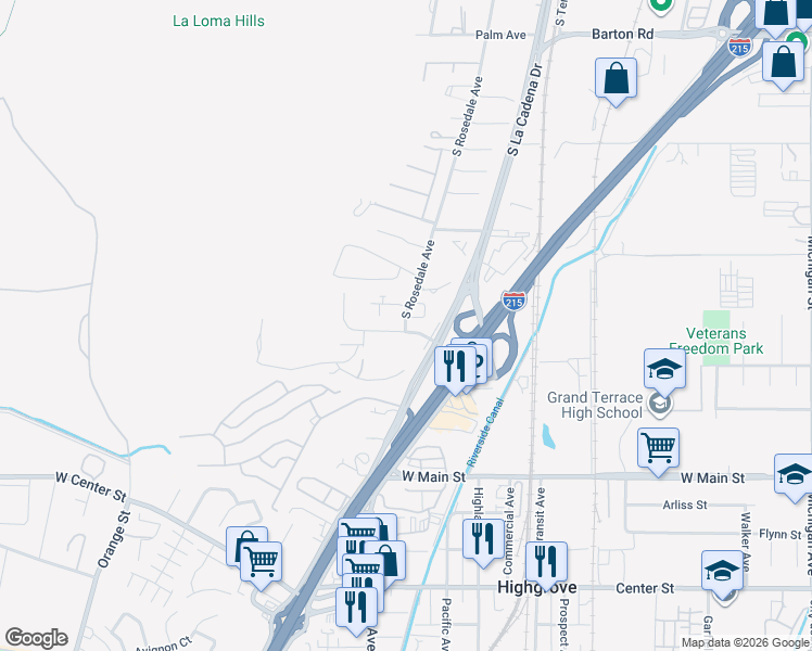 map of restaurants, bars, coffee shops, grocery stores, and more near 221 Maryknoll Drive in Colton
