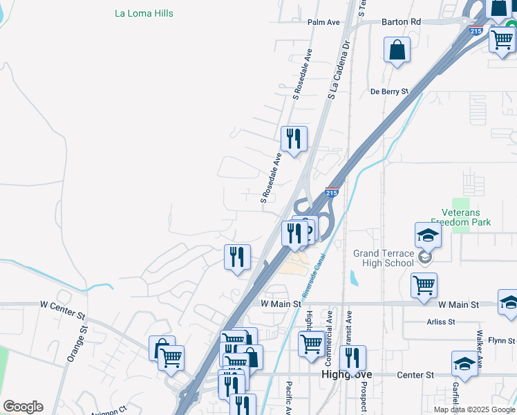 map of restaurants, bars, coffee shops, grocery stores, and more near 221 Maryknoll Drive in Colton