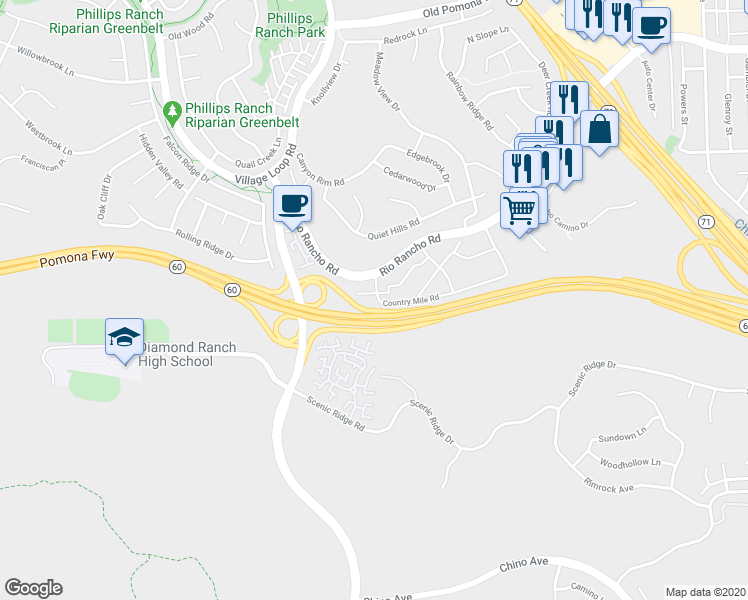 map of restaurants, bars, coffee shops, grocery stores, and more near 37 Blackbird Lane in Pomona