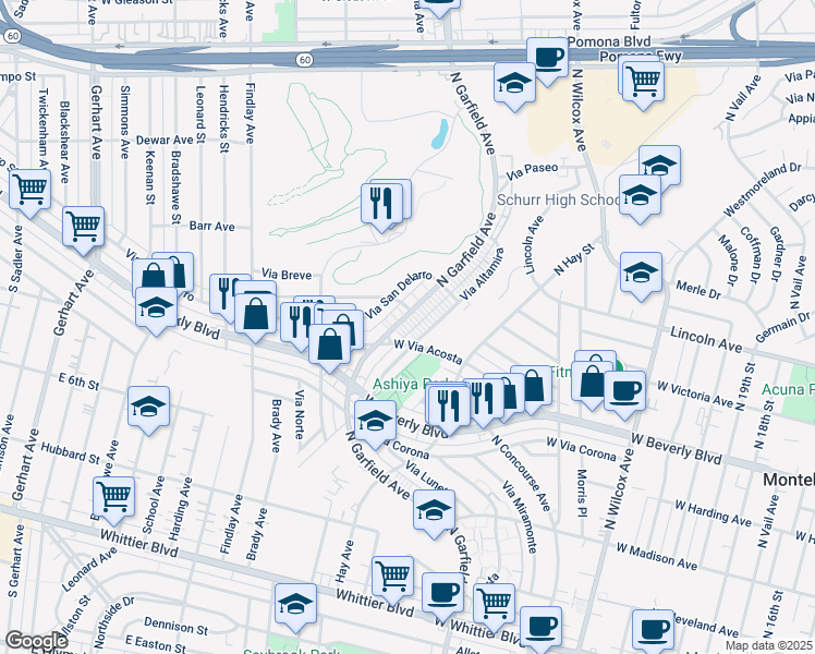 map of restaurants, bars, coffee shops, grocery stores, and more near 549 North Garfield Avenue in Montebello