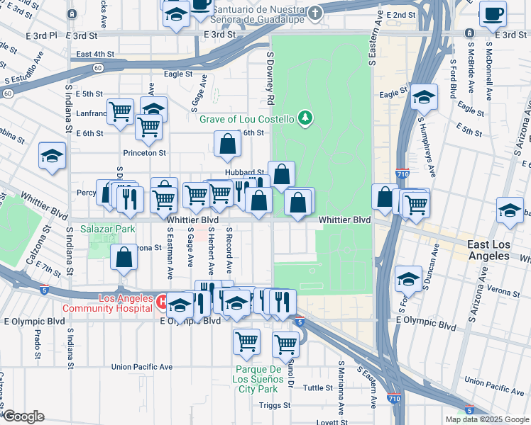 map of restaurants, bars, coffee shops, grocery stores, and more near 4169 Whittier Boulevard in Los Angeles
