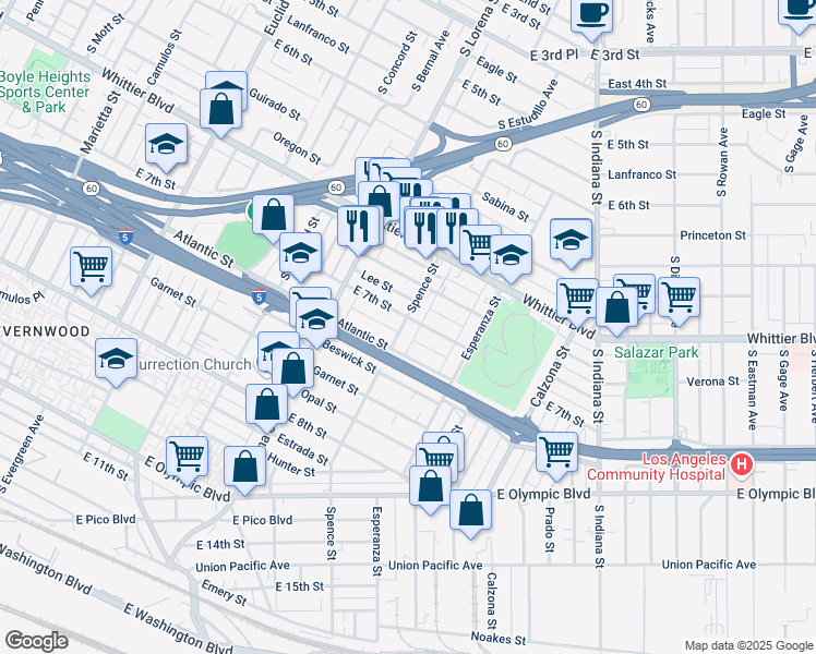 map of restaurants, bars, coffee shops, grocery stores, and more near 3476 East 7th Street in Los Angeles
