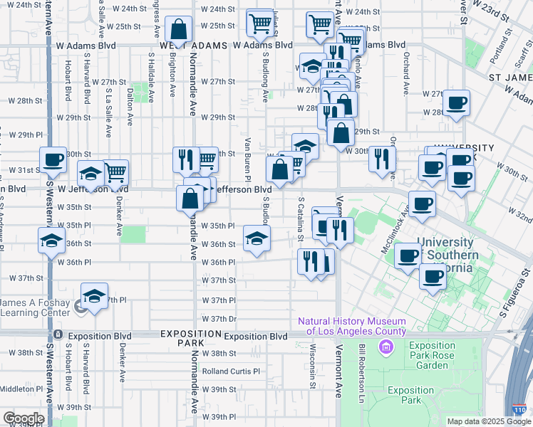 map of restaurants, bars, coffee shops, grocery stores, and more near 3505 Budlong Avenue in Los Angeles