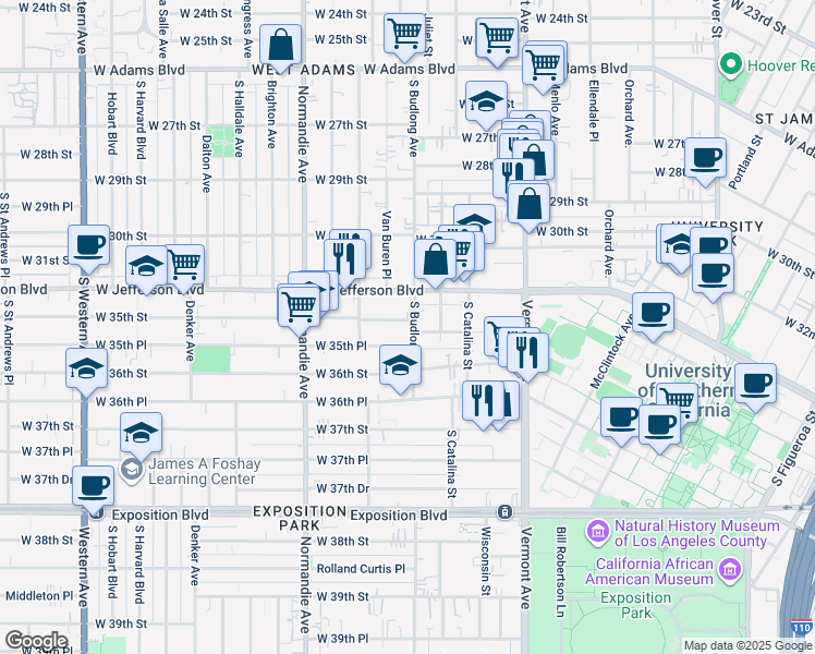 map of restaurants, bars, coffee shops, grocery stores, and more near 3505 Budlong Avenue in Los Angeles