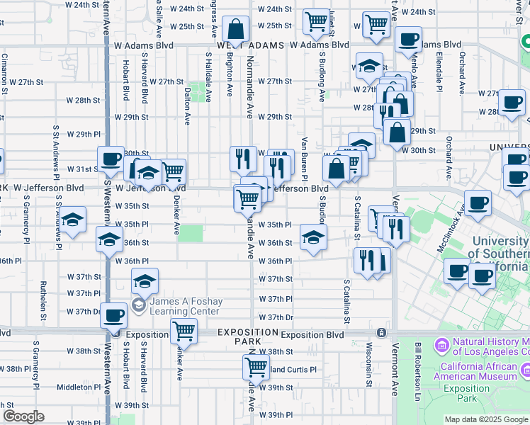 map of restaurants, bars, coffee shops, grocery stores, and more near 1352 West 35th Street in Los Angeles