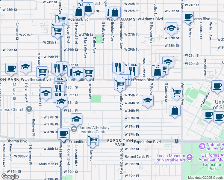 map of restaurants, bars, coffee shops, grocery stores, and more near 1460 West 35th Street in Los Angeles
