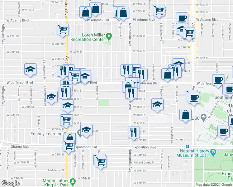 map of restaurants, bars, coffee shops, grocery stores, and more near 1460 West 35th Street in Los Angeles