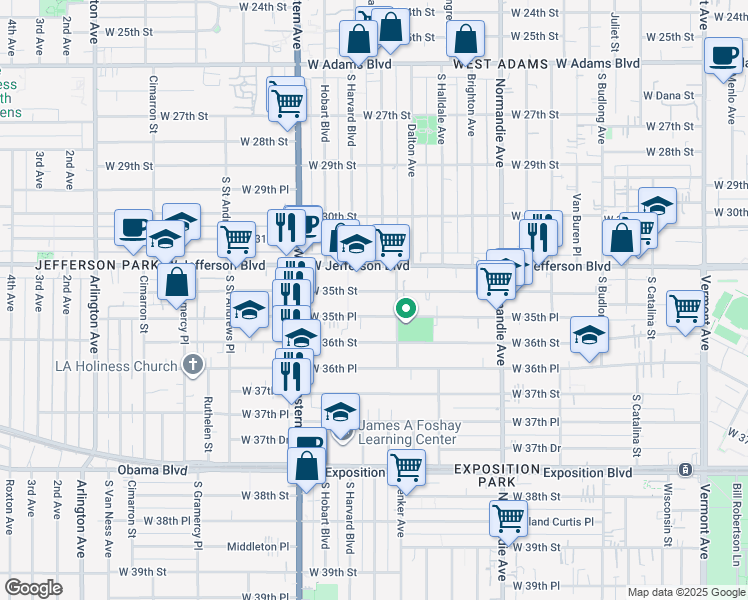 map of restaurants, bars, coffee shops, grocery stores, and more near 1558 West 35th Street in Los Angeles