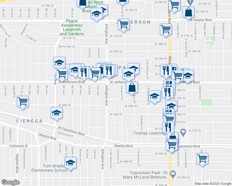 map of restaurants, bars, coffee shops, grocery stores, and more near 3436 Arlington Avenue in Los Angeles