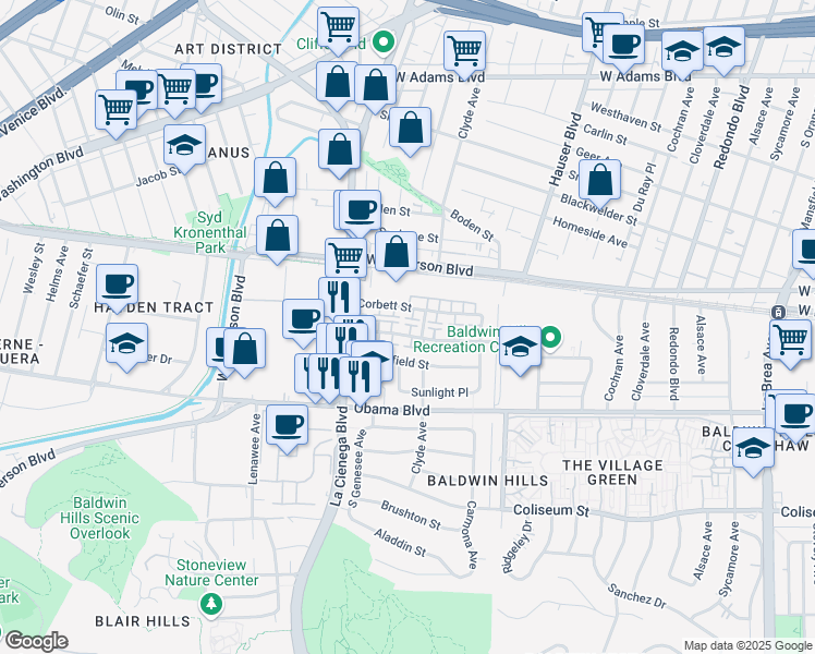 map of restaurants, bars, coffee shops, grocery stores, and more near 5708 Corbett Street in Los Angeles