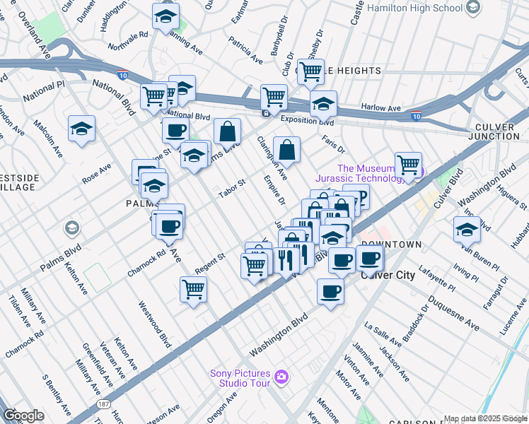 map of restaurants, bars, coffee shops, grocery stores, and more near 3664 Jasmine Avenue in Los Angeles