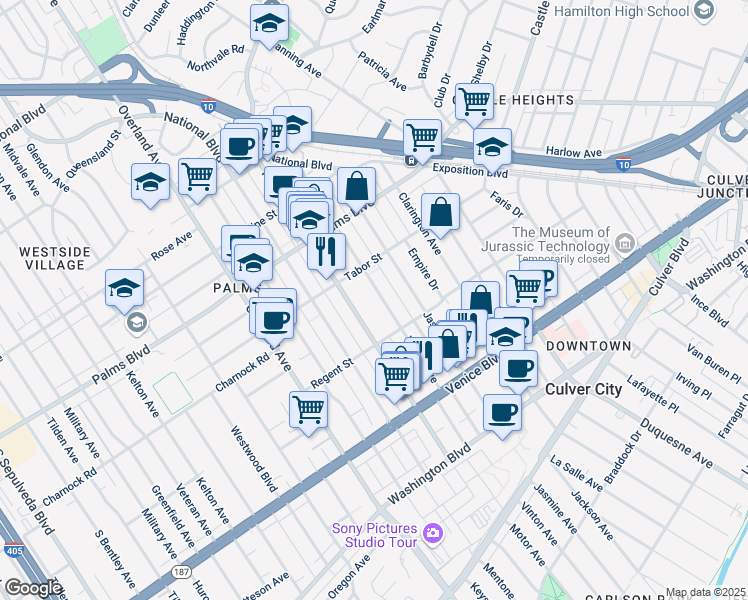 map of restaurants, bars, coffee shops, grocery stores, and more near 3645 Vinton Avenue in Los Angeles