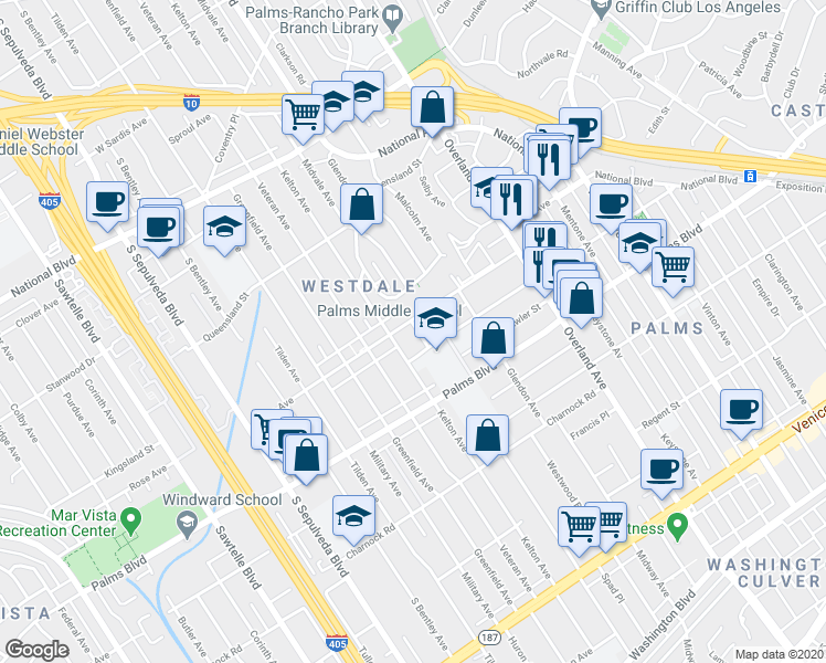 map of restaurants, bars, coffee shops, grocery stores, and more near 10866 Rose Avenue in Los Angeles