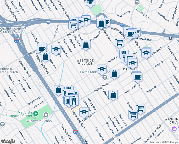 map of restaurants, bars, coffee shops, grocery stores, and more near 3317 Kelton Avenue in Los Angeles