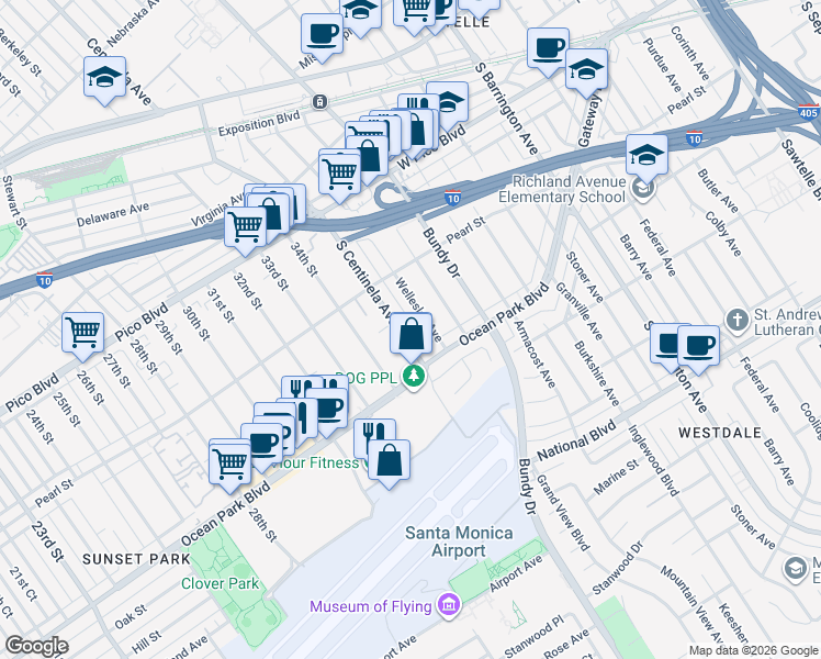 map of restaurants, bars, coffee shops, grocery stores, and more near 2571 Wellesley Avenue in Los Angeles
