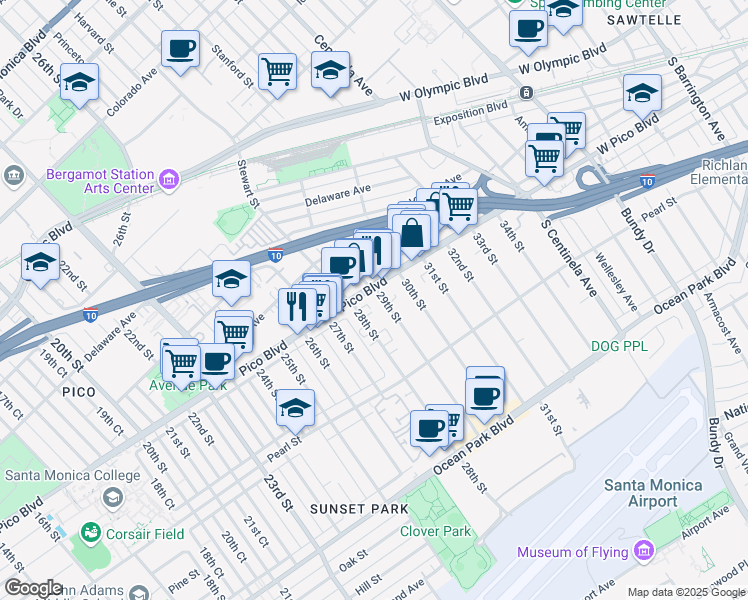 map of restaurants, bars, coffee shops, grocery stores, and more near 2830 Pico Boulevard in Santa Monica
