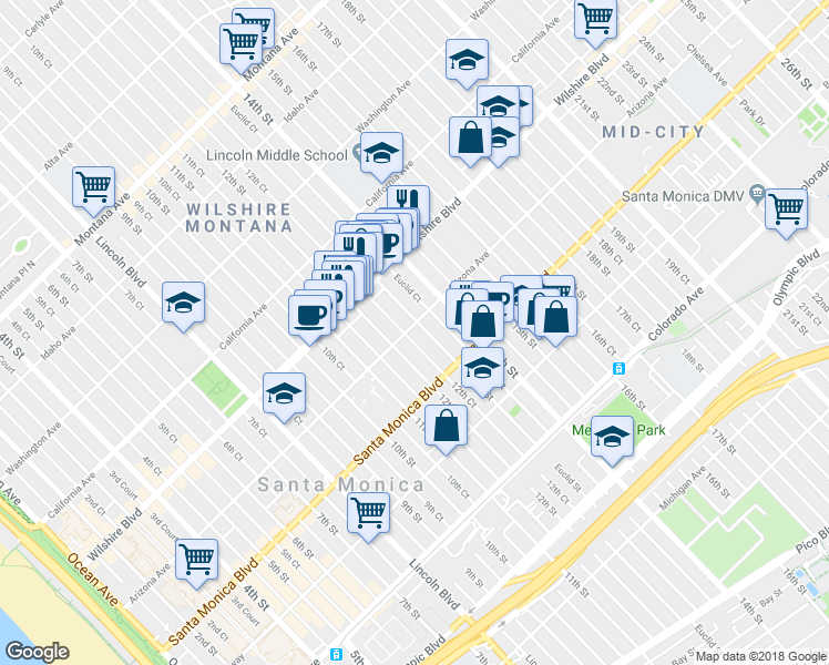 map of restaurants, bars, coffee shops, grocery stores, and more near 1314 Euclid Street in Santa Monica
