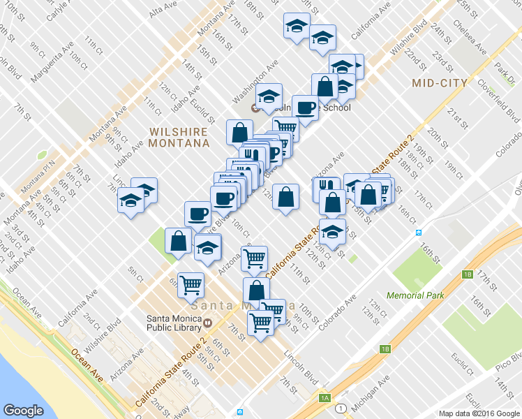 map of restaurants, bars, coffee shops, grocery stores, and more near 1243 12th Street in Santa Monica