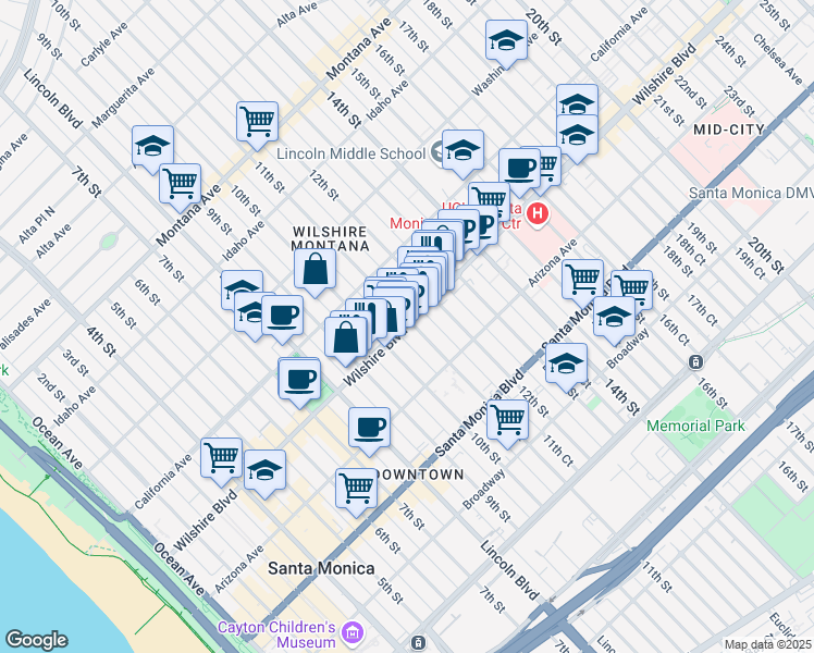 map of restaurants, bars, coffee shops, grocery stores, and more near 1025 Wilshire Boulevard in Santa Monica