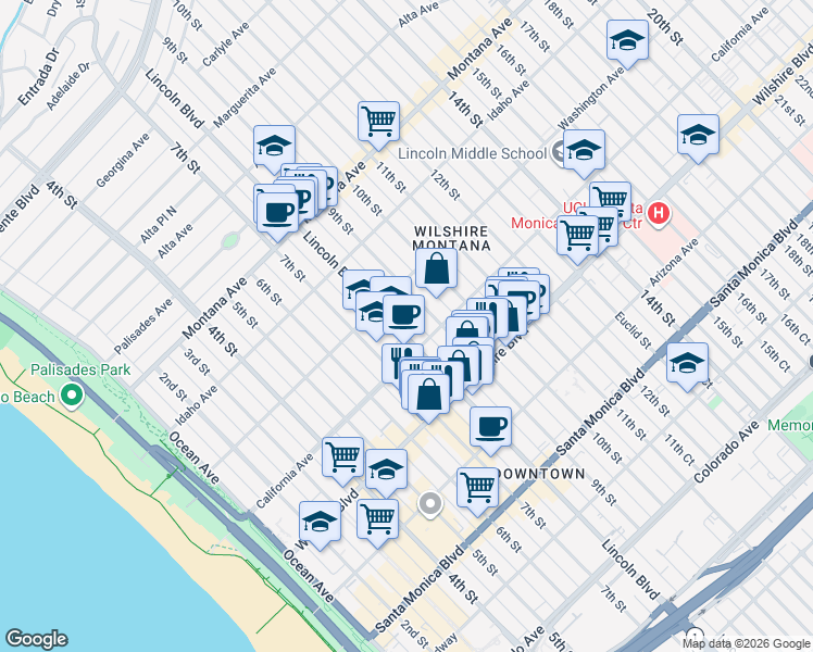 map of restaurants, bars, coffee shops, grocery stores, and more near 1027 Lincoln Boulevard in Santa Monica