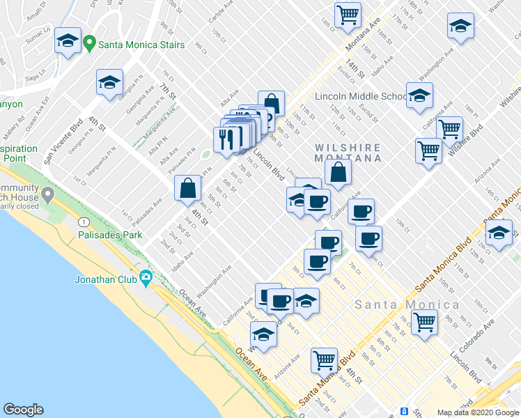 map of restaurants, bars, coffee shops, grocery stores, and more near 928 6th Court in Santa Monica