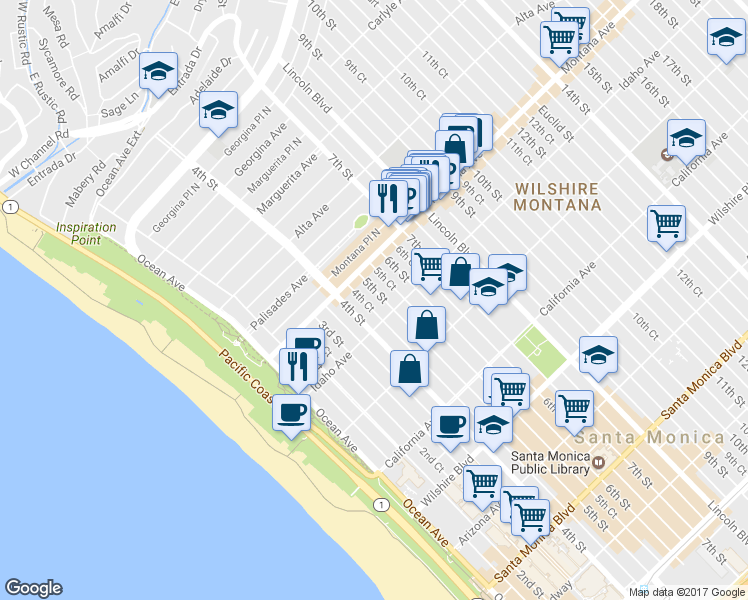 map of restaurants, bars, coffee shops, grocery stores, and more near 830 5th Street in Santa Monica
