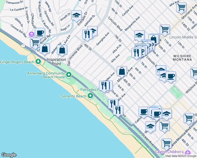 map of restaurants, bars, coffee shops, grocery stores, and more near 130 Alta Avenue in Santa Monica