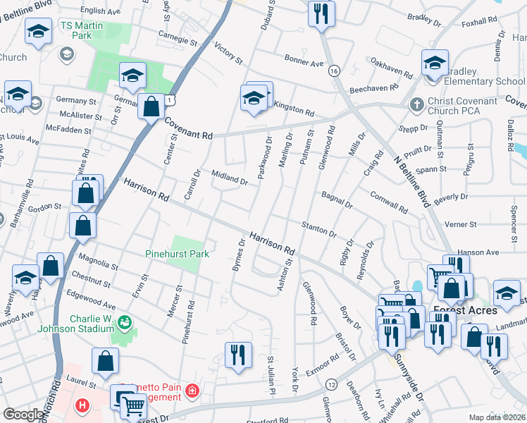 map of restaurants, bars, coffee shops, grocery stores, and more near 2508 Marling Drive in Columbia