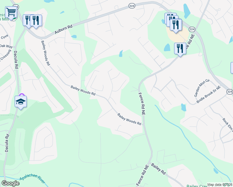 map of restaurants, bars, coffee shops, grocery stores, and more near 740 Prescott Way in Dacula