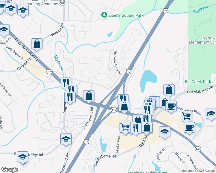 map of restaurants, bars, coffee shops, grocery stores, and more near 136 Old Ferry Way in Roswell