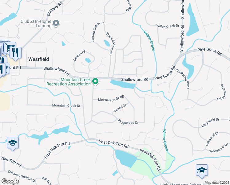 map of restaurants, bars, coffee shops, grocery stores, and more near 4948 Laurel Spring Drive Northeast in Roswell