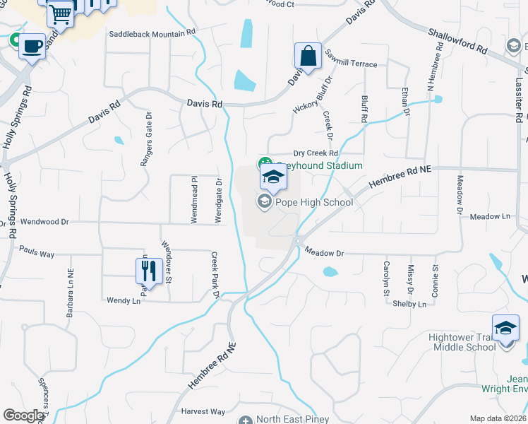 map of restaurants, bars, coffee shops, grocery stores, and more near 3001 Hembree Road Northeast in Marietta