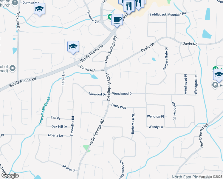 map of restaurants, bars, coffee shops, grocery stores, and more near 2853 Wendwood Drive in Marietta