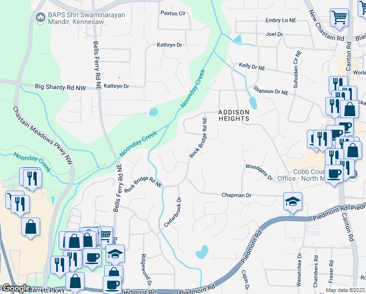 map of restaurants, bars, coffee shops, grocery stores, and more near 323 West Claiborne Court Northeast in Marietta