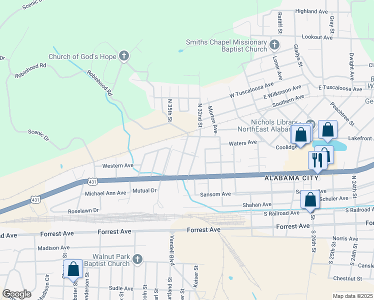 map of restaurants, bars, coffee shops, grocery stores, and more near 502 North 33rd Street in Gadsden